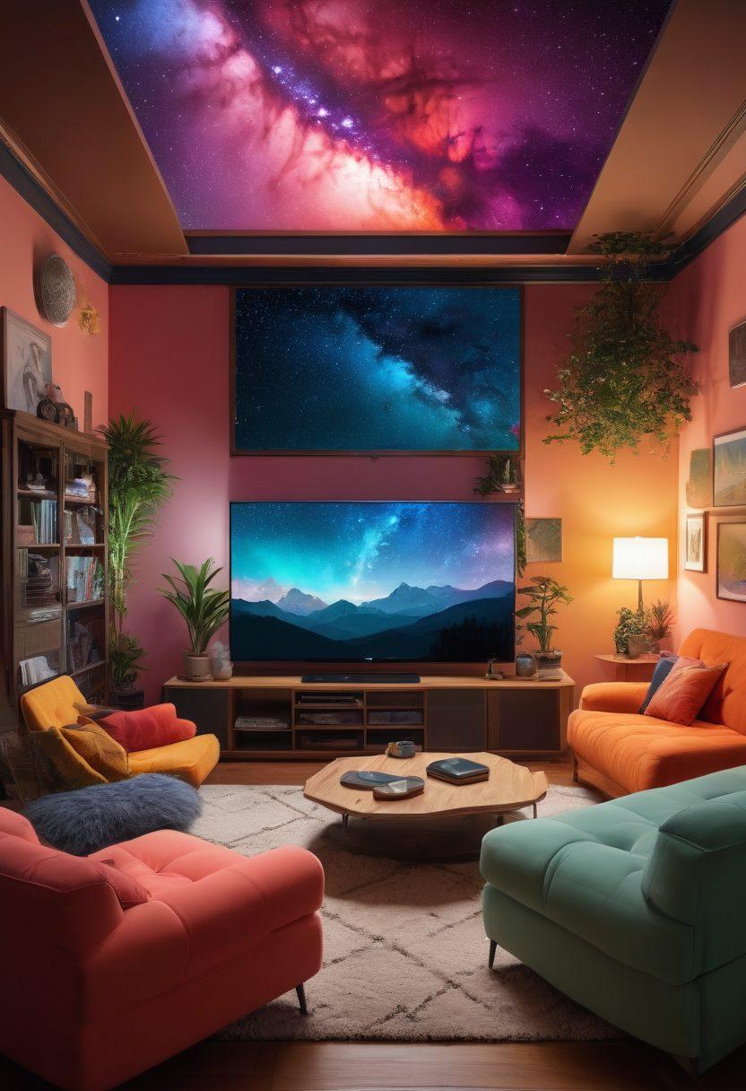 A dynamic collage of various streaming service logos surrounded by colorful visual elements inspired by adult anime and animated erotica. Include scenes from popular adult animated shows, a remote control, and a cozy living room setting with plush furniture, set against a starry night sky that suggests late-night viewing. Add a variety of vibrant colors to evoke a playful yet seductive atmosphere. digital art. vibrant colors. modern style.
